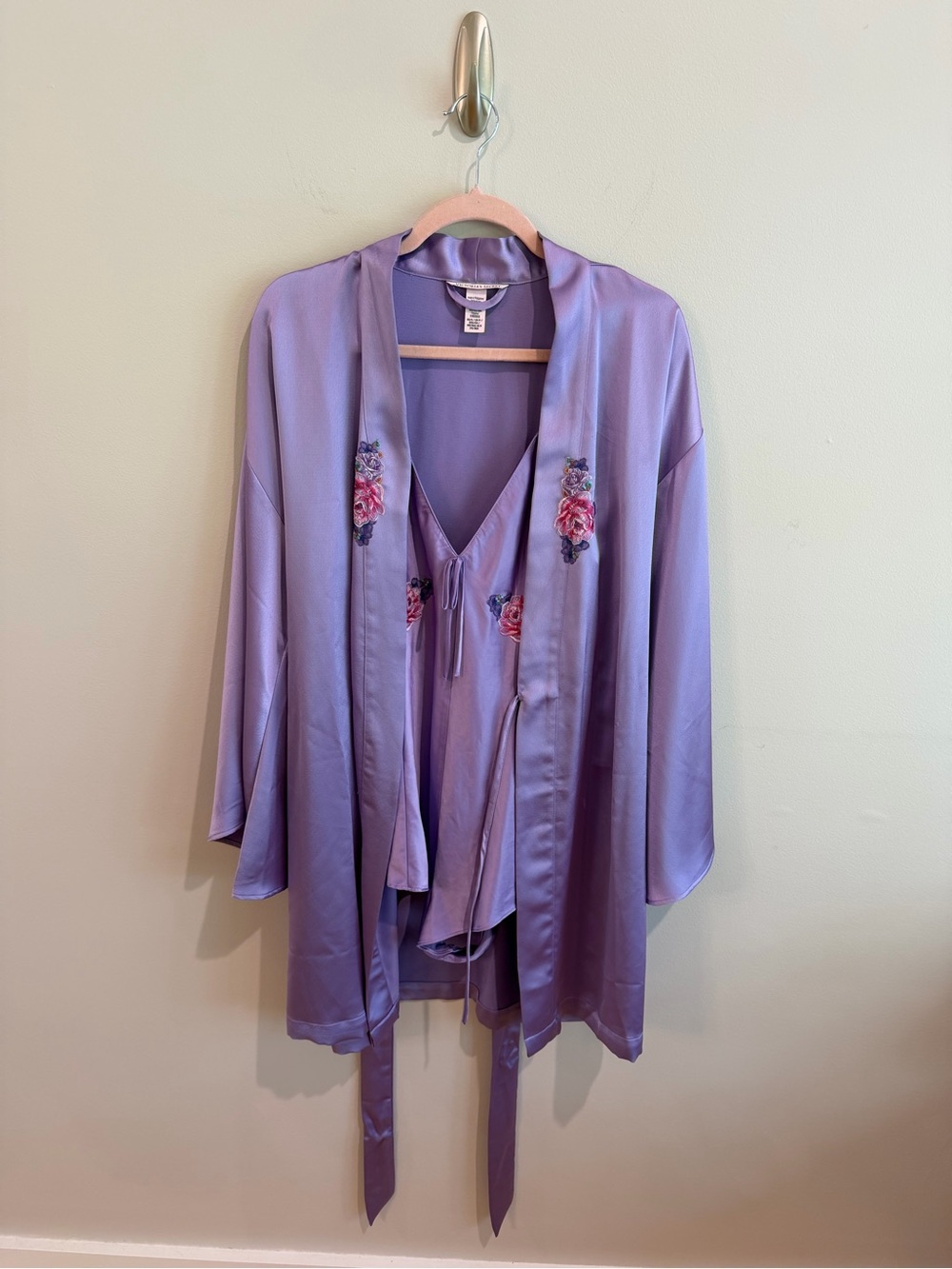 Lavender Satin Embroidered Flowers Robe & Romper Set